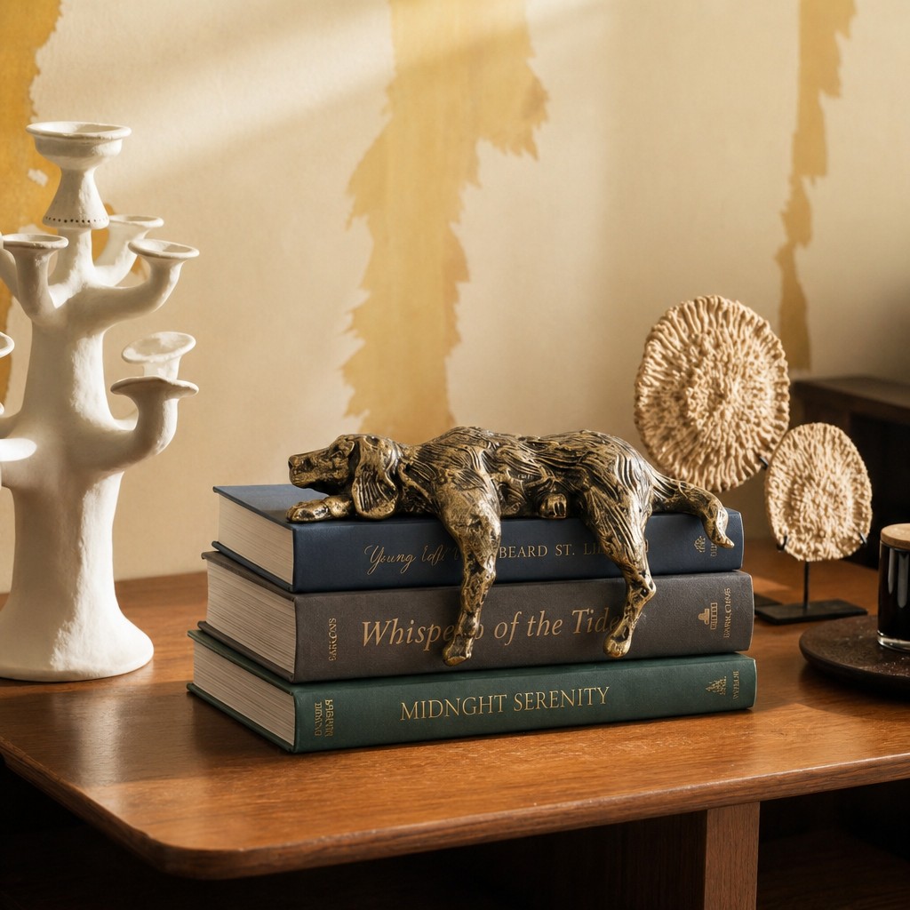 Lazy dog sculpture on books with decorative objects
