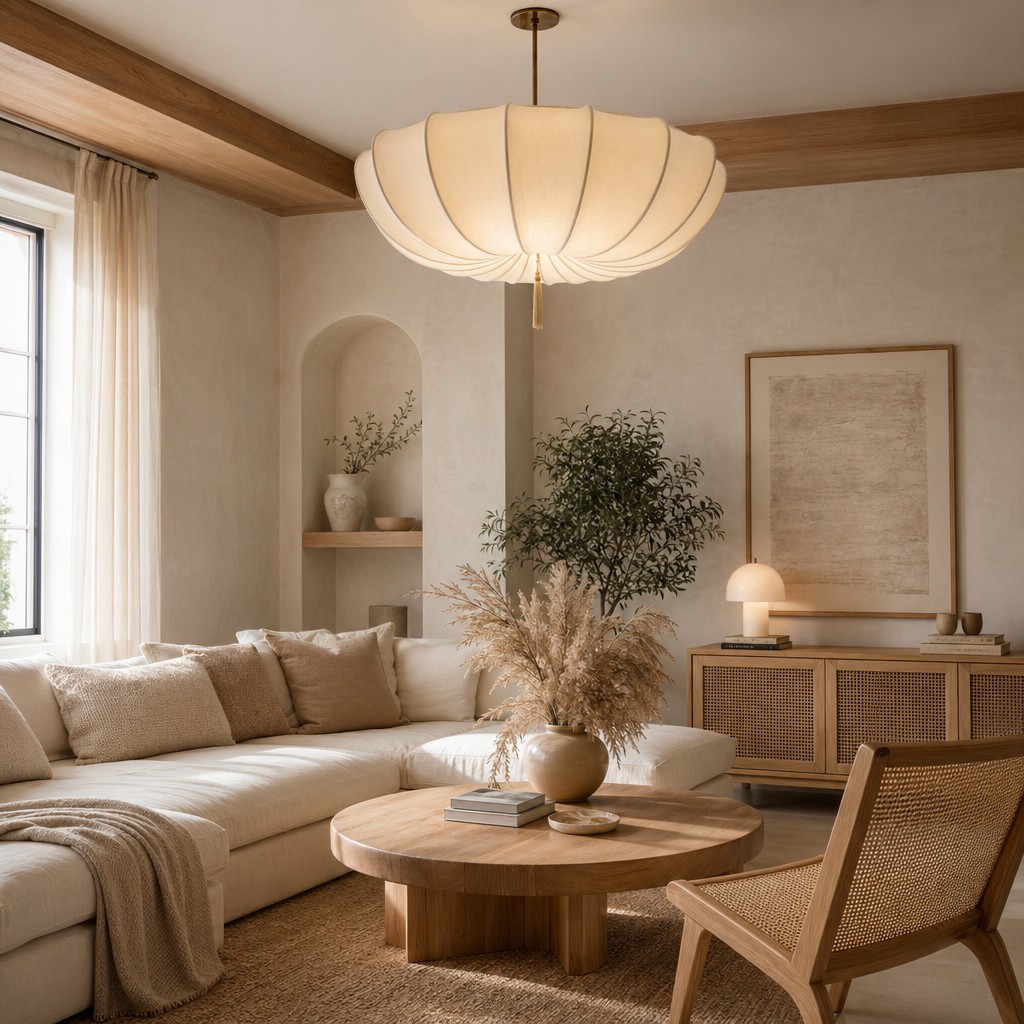 Round fabric drum ceiling light in a warm living room