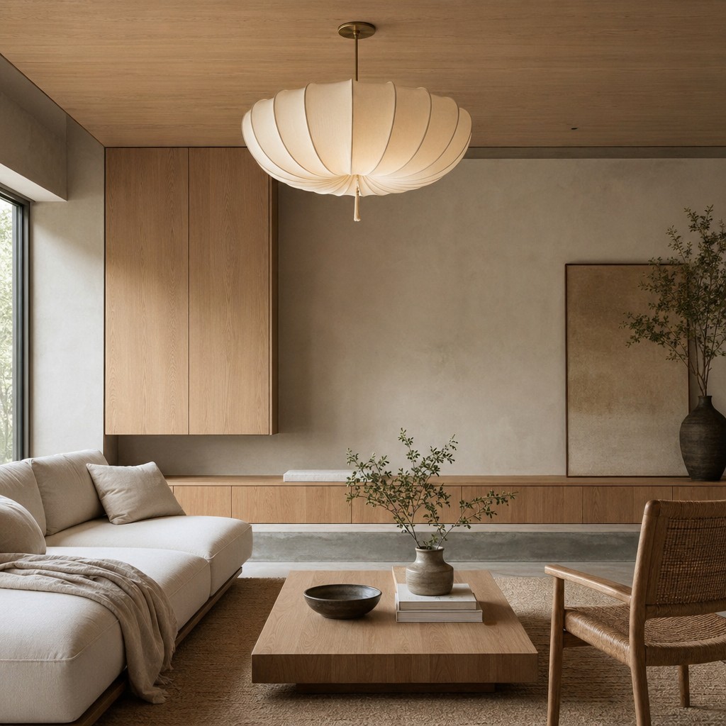 Round fabric drum ceiling light in a wood accented lounge