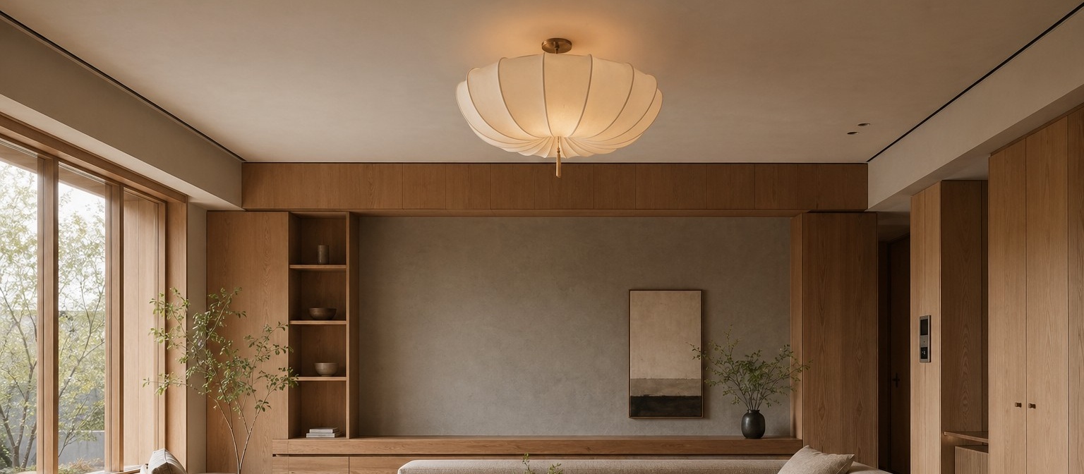 Traditional Japanese Style Round Fabric Drum Ceiling Light styled in a warm interior