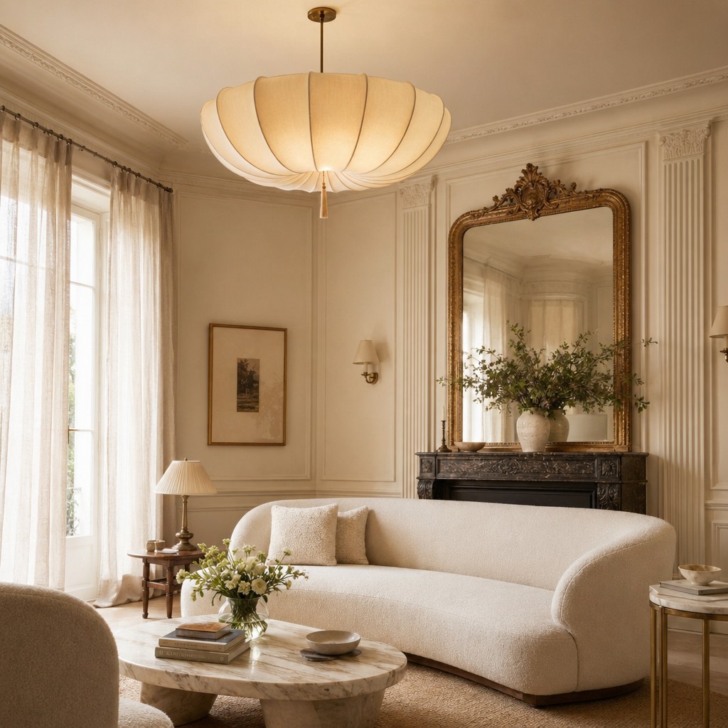Round fabric drum ceiling light in an elegant living room