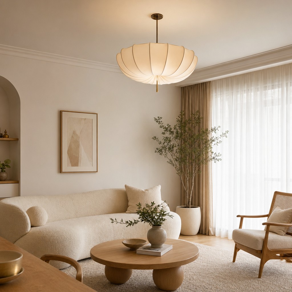 Round fabric drum ceiling light above a seating area