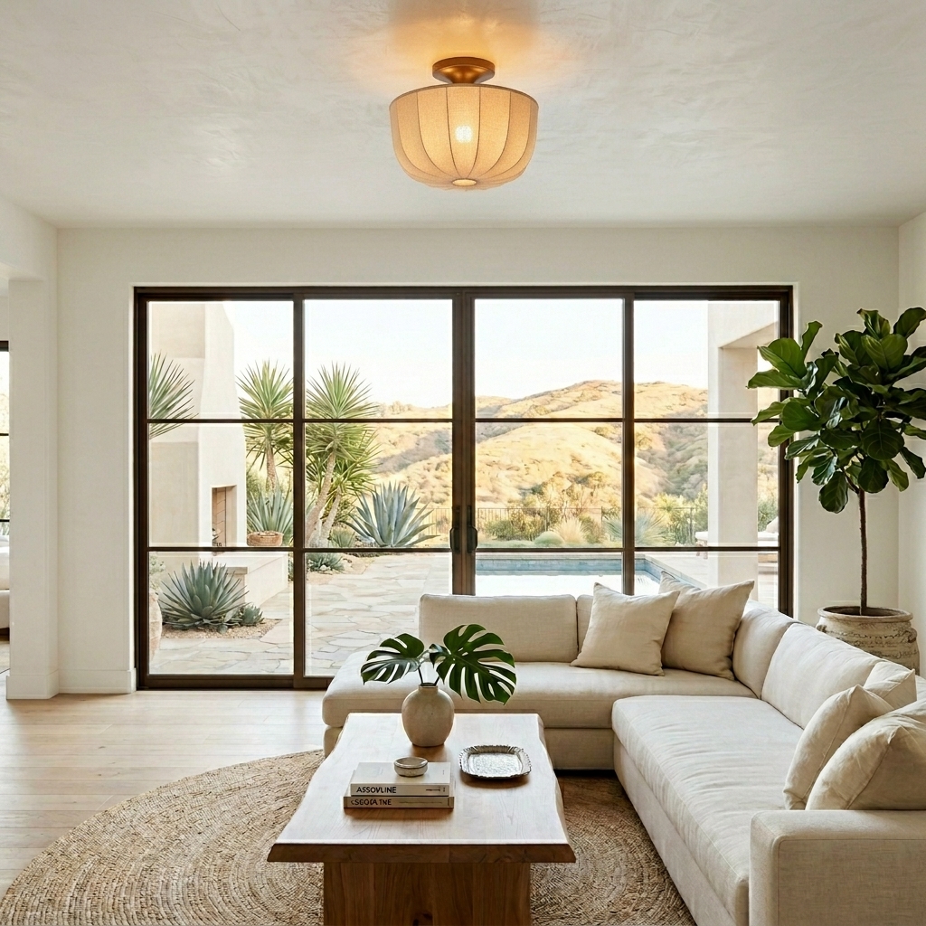 Loomis linen flush mount ceiling lamp in a living room