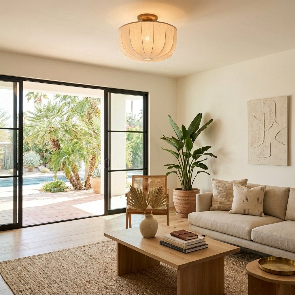 Loomis linen flush mount ceiling lamp above a sofa seating area