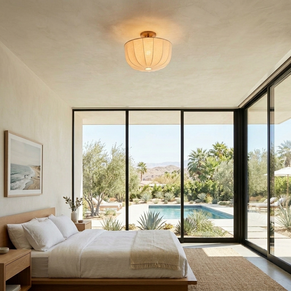Loomis linen flush mount ceiling lamp in a bright bedroom