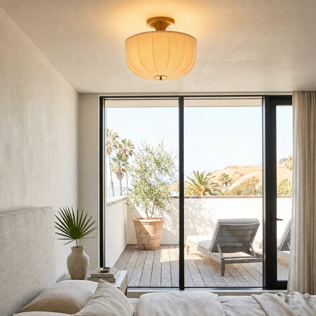 Loomis linen flush mount ceiling lamp in a sunlit interior