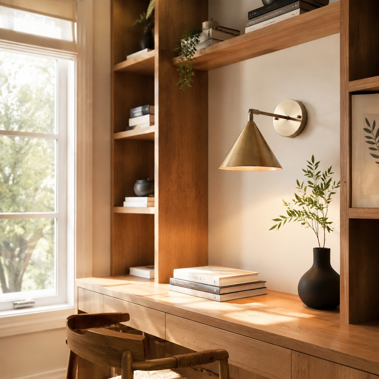 AstroLume brass cone wall light above a desk