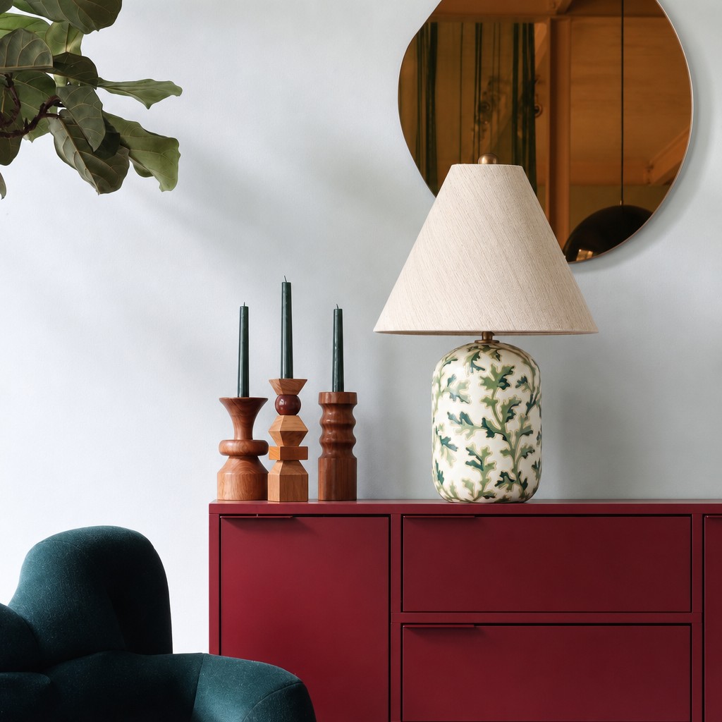 Ceruna ceramic table lamp on a red cabinet