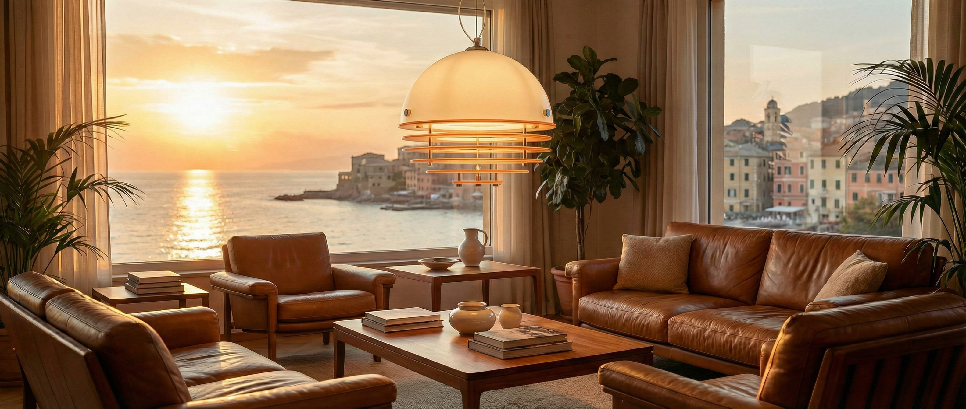 Sunset pendant light styled in a warm bedroom scene