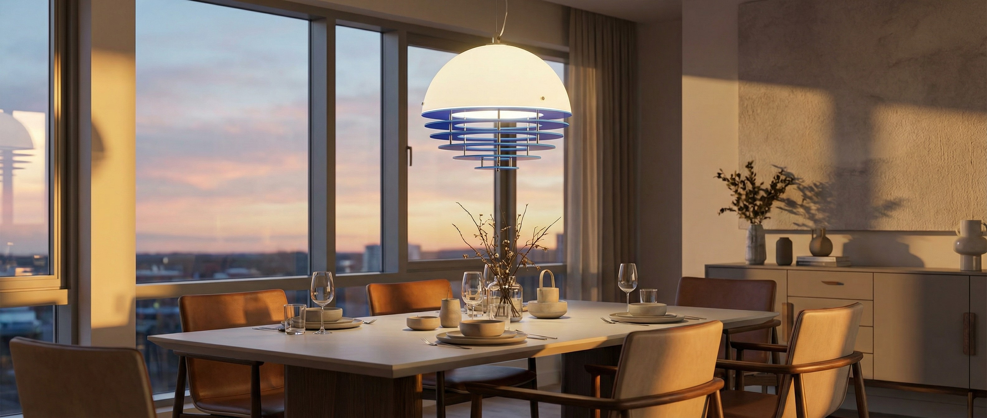 Ambient room styling with sunset pendant light