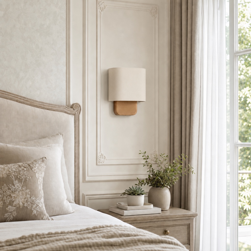 Nolvara wall sconce beside a bed
