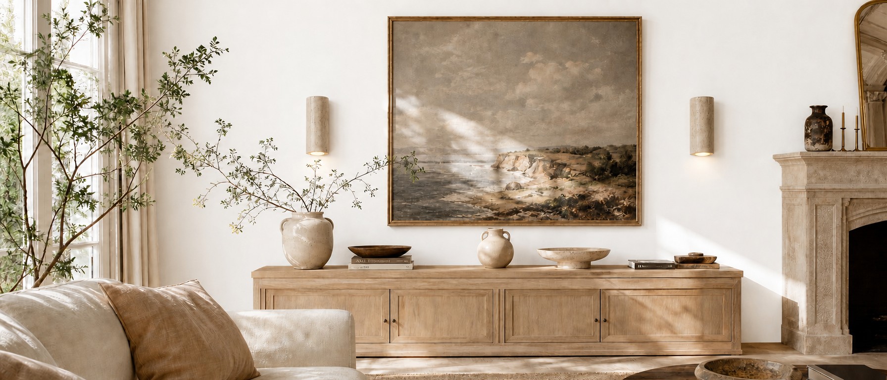 Torvella wall sconces styled in a warm living room
