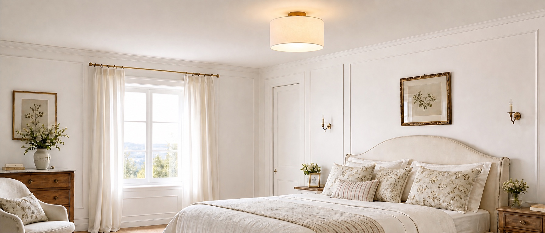 Dumora flush mount ceiling light in a softly styled bedroom