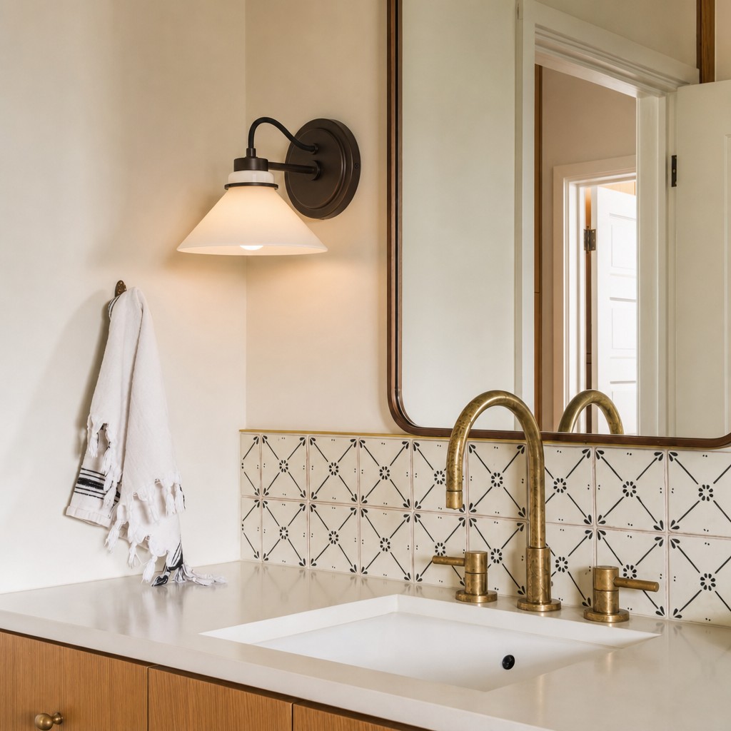 Aurenza wall sconce above a bathroom vanity