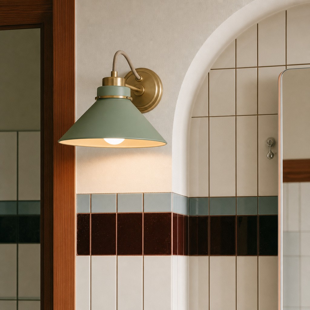 Aurenza wall sconce with green shade in bathroom setting