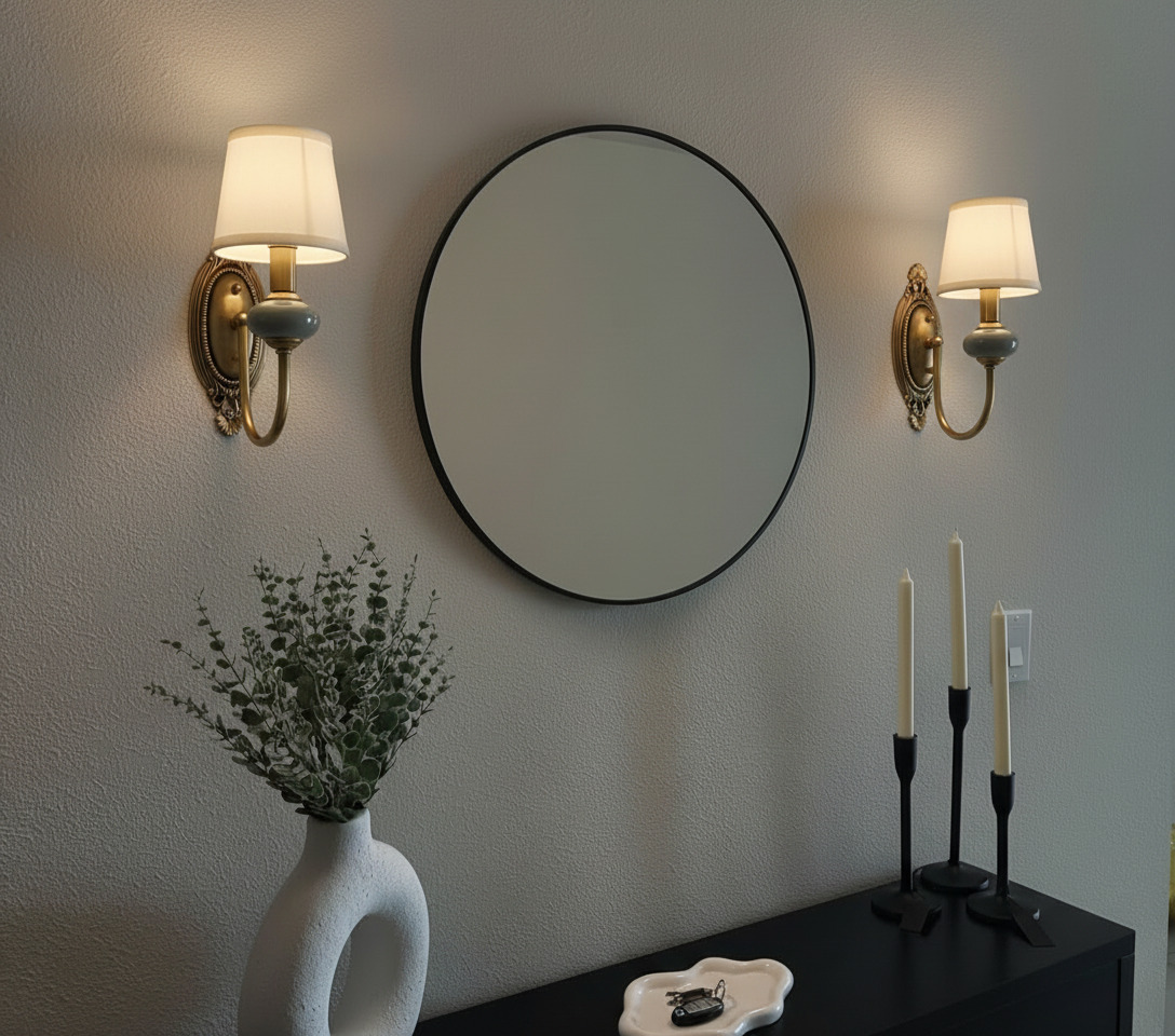 Pair of Rowanea wall sconces beside a round mirror