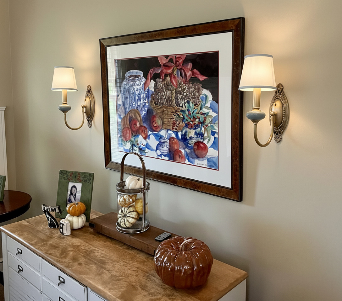 Rowanea wall sconce styled beside framed artwork on a dresser
