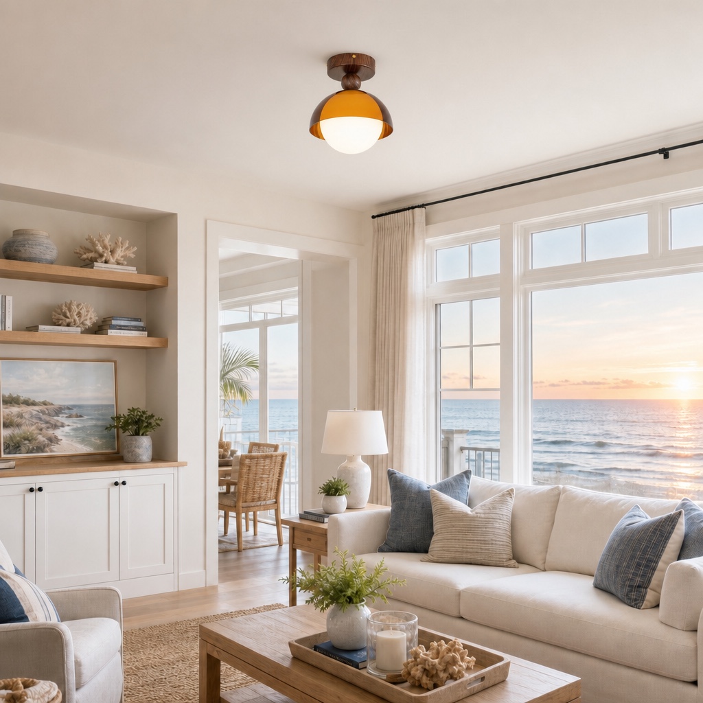 Sunset Afterglow ceiling light in a coastal seating space