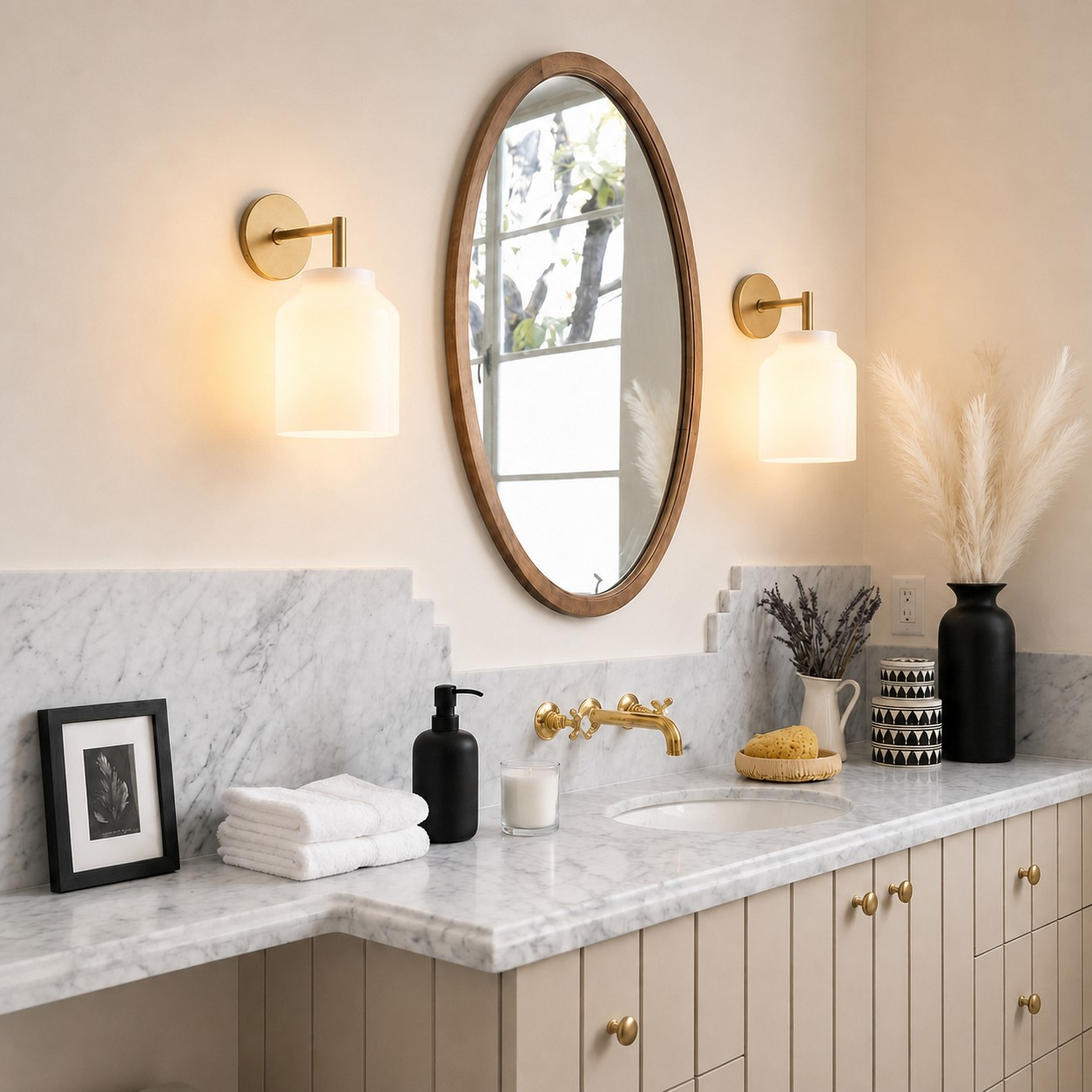 Hanton wall sconce beside a bathroom mirror