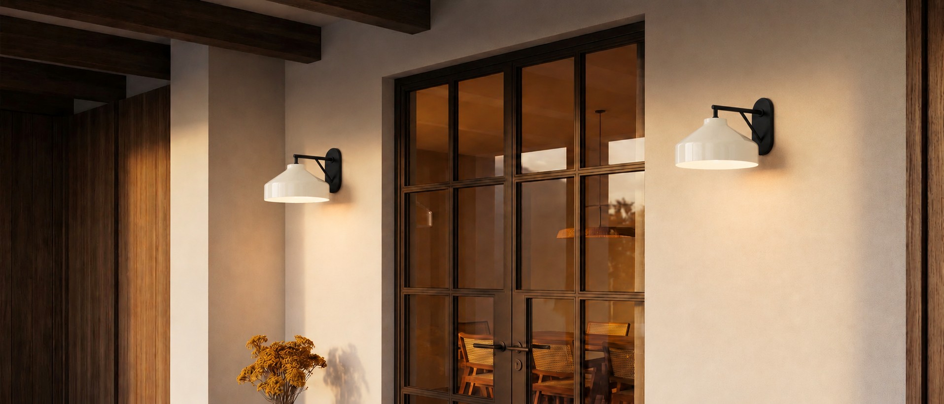 Hanton wall sconces on an exterior doorway at night