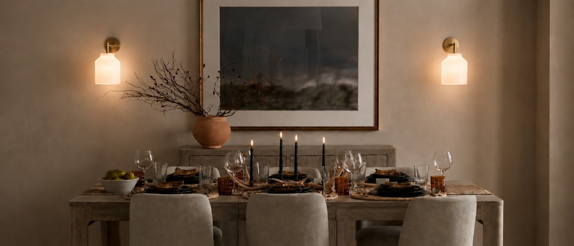 Hanton wall sconces creating warm dining room ambience
