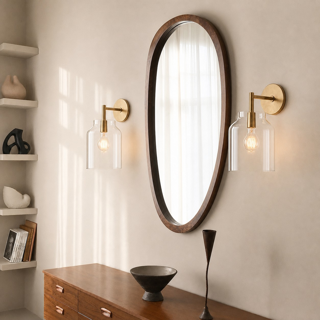 Hanton sconces styled around an oval mirror