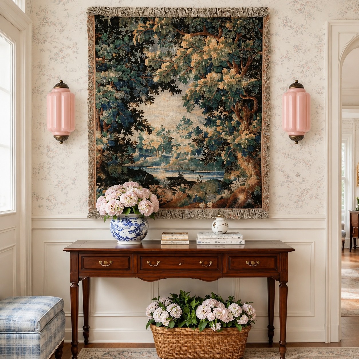 Eloise pink wall sconces framing artwork