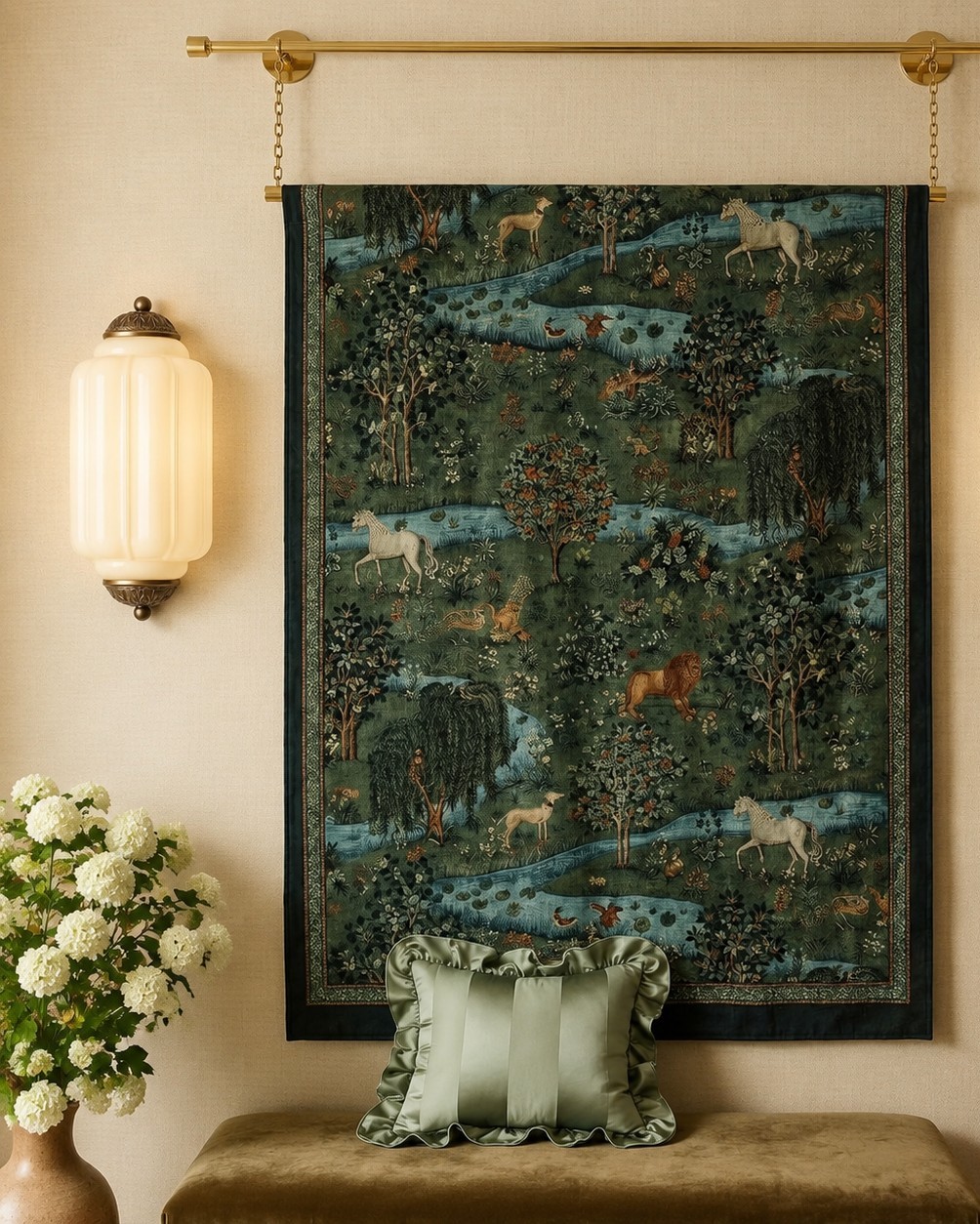 Eloise wall light styled beside tapestry