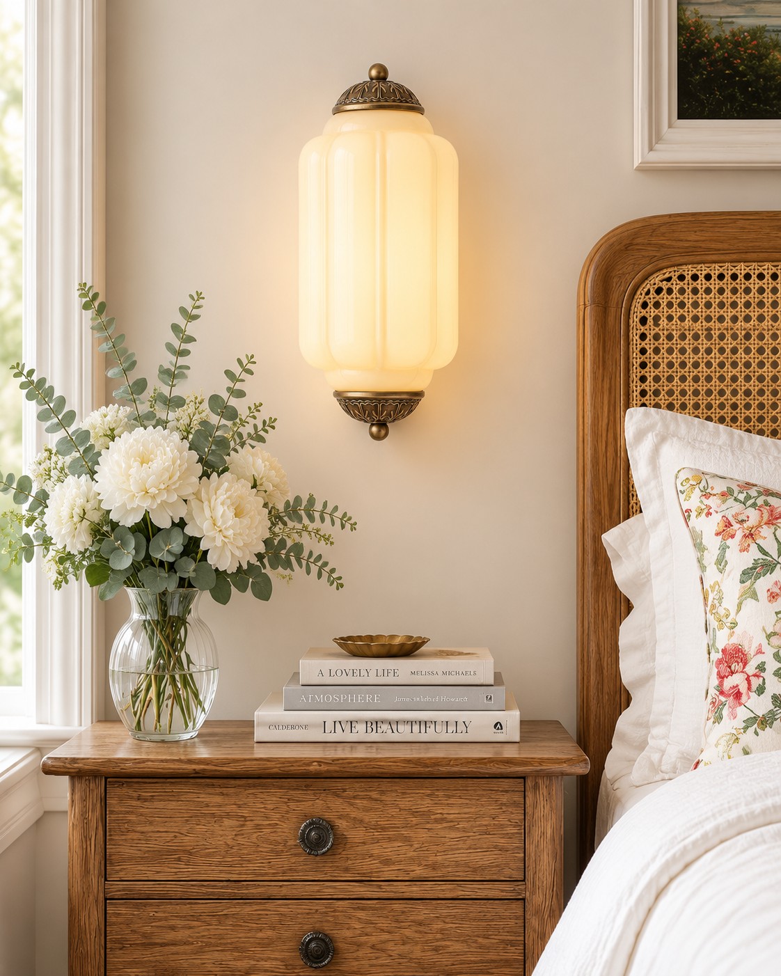 Eloise glowing wall sconce beside bedside table