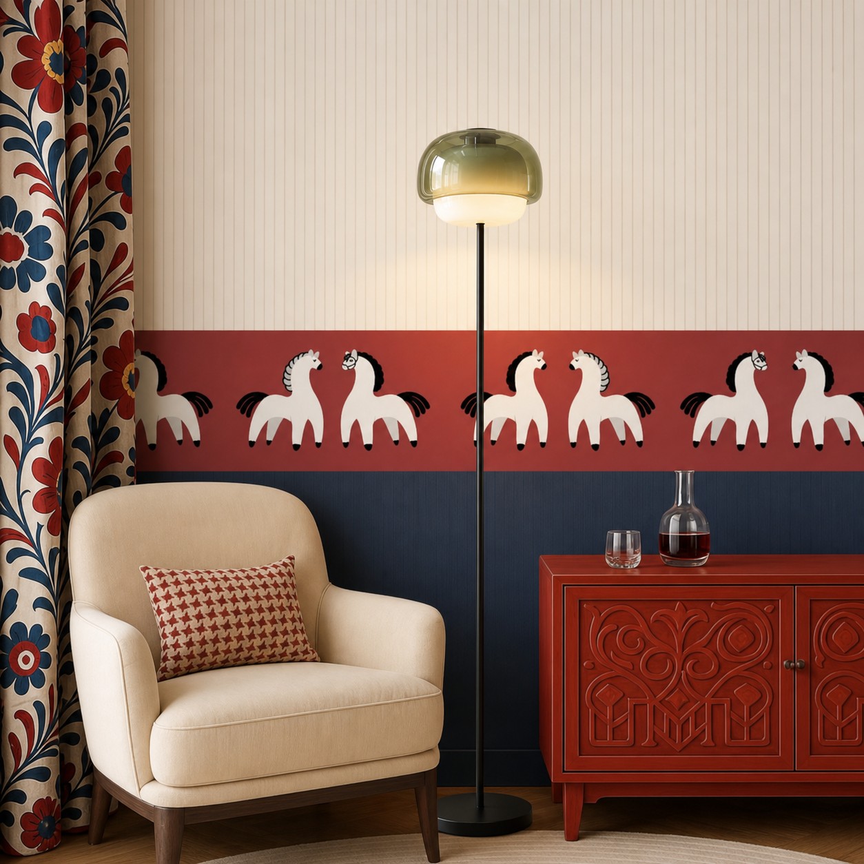 Clinco floor lamp in a colorful living room corner