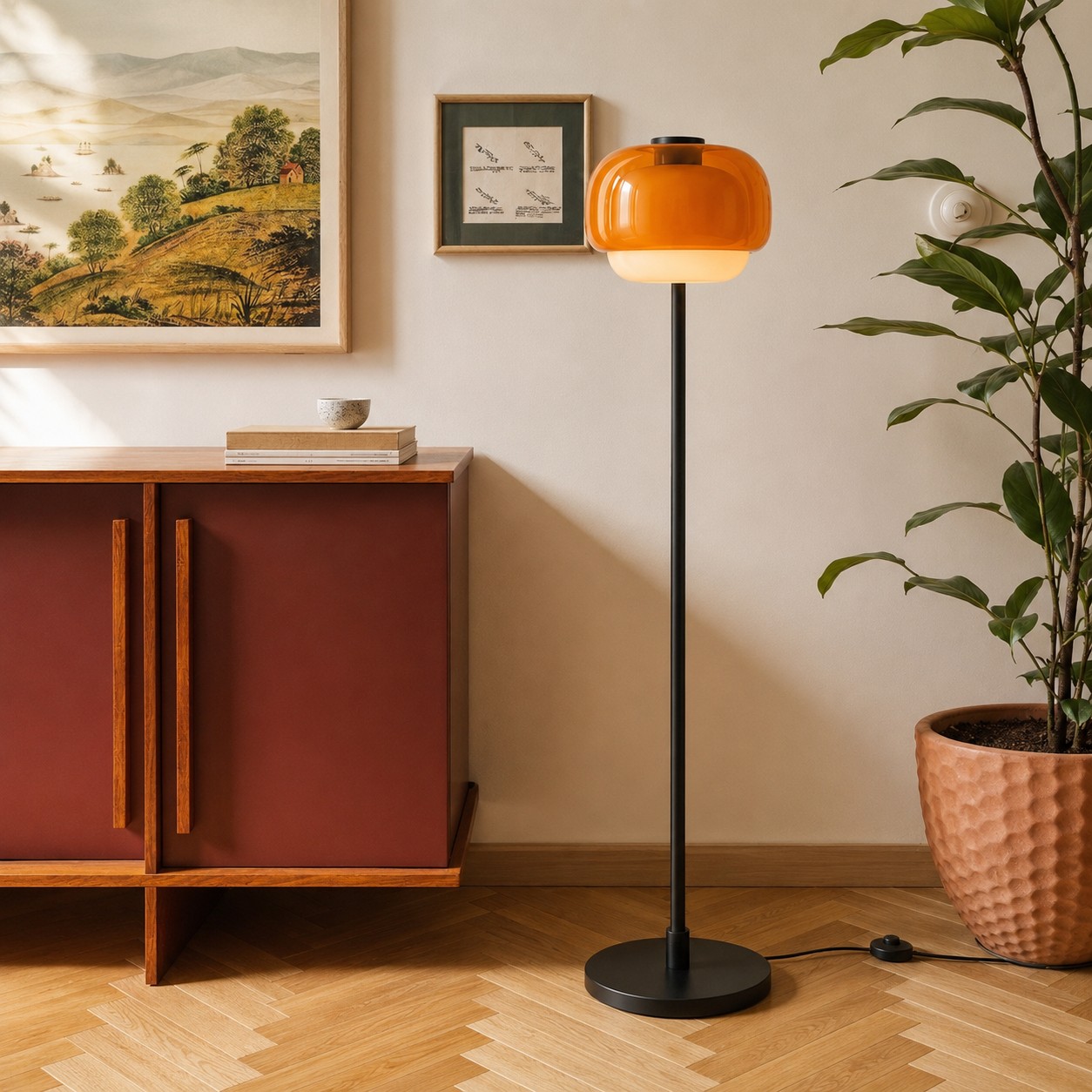 Clinco floor lamp styled beside a wooden cabinet