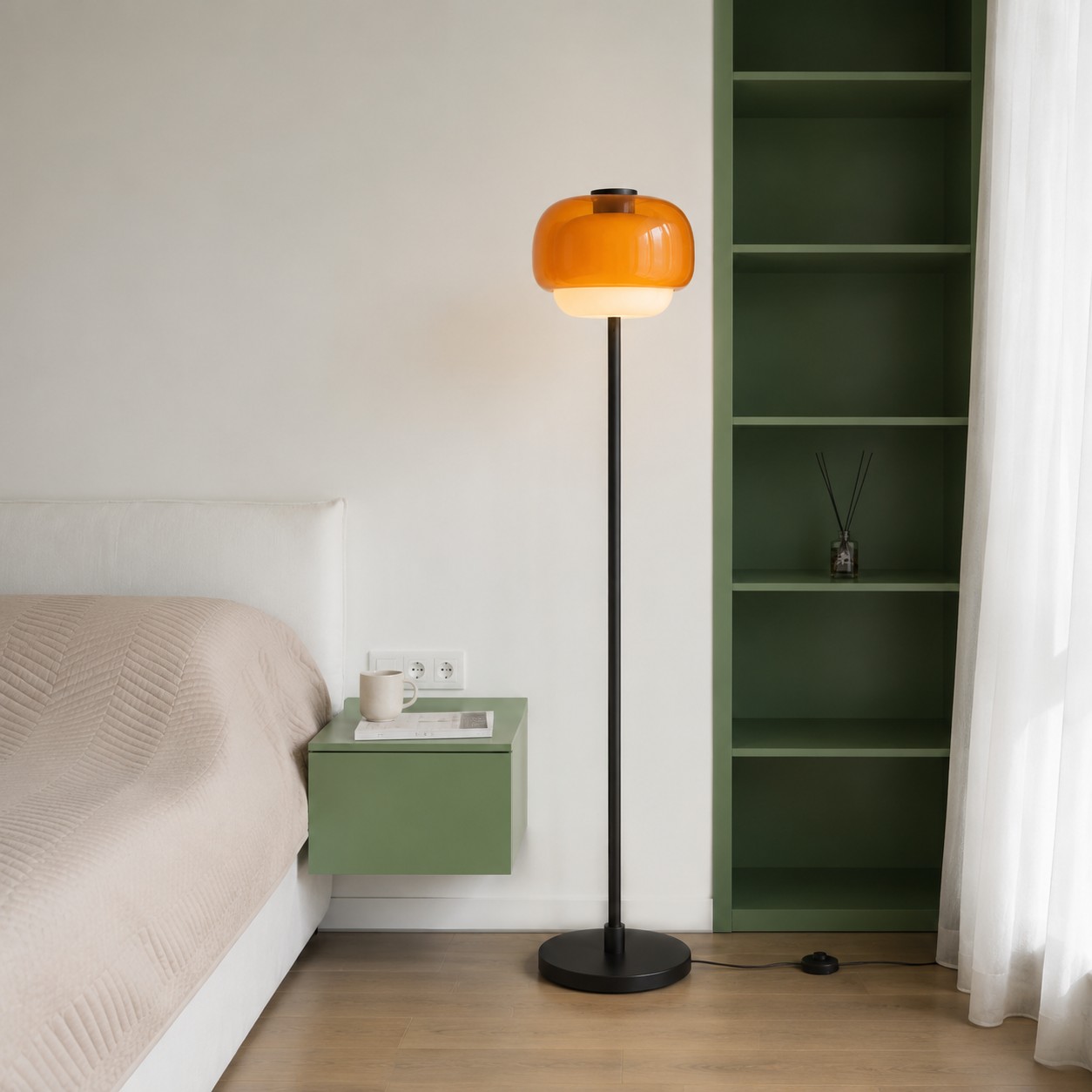 Clinco floor lamp beside a bed and green shelving