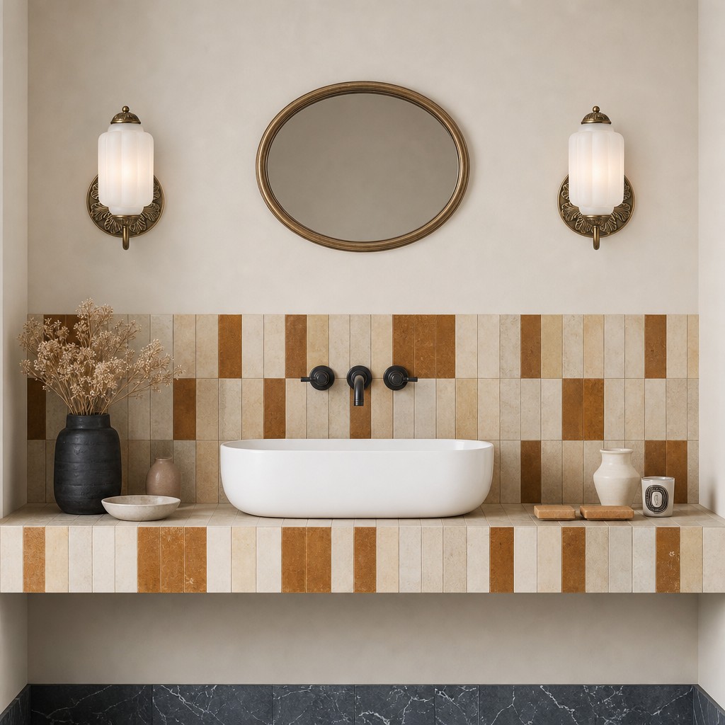 White Eloise wall sconces beside a bathroom mirror