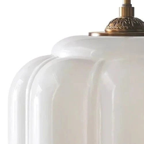 Close detail of Eloise milk glass shade and metal cap