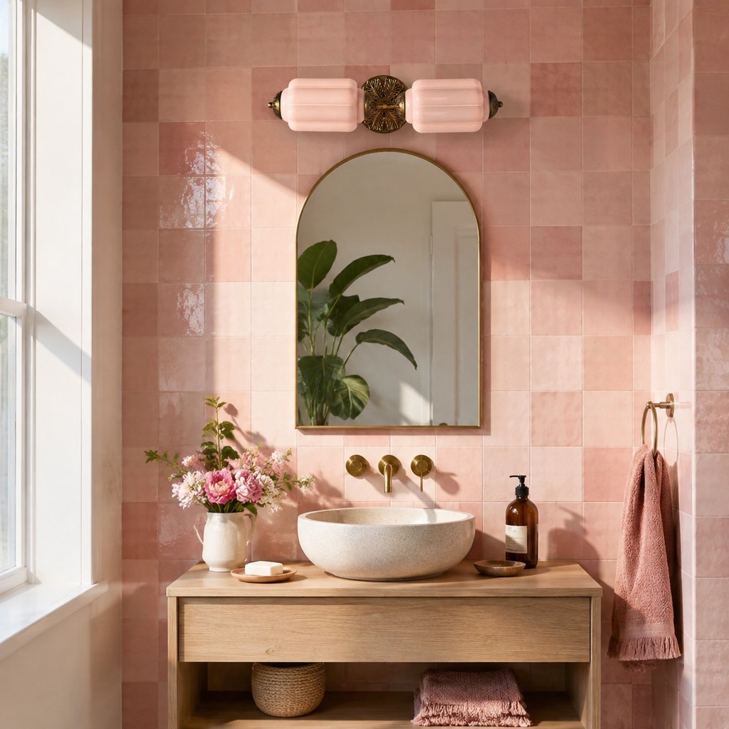 Customer photo of pink Eloise vanity light in a bathroom