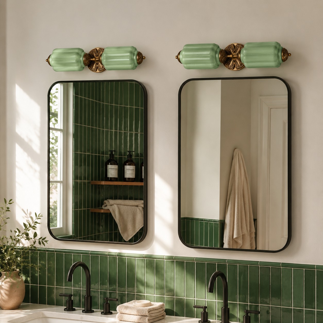 Customer photo of green Eloise vanity lights above bathroom mirrors