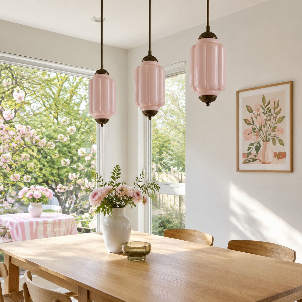 Pink Eloise pendant lights by a dining table