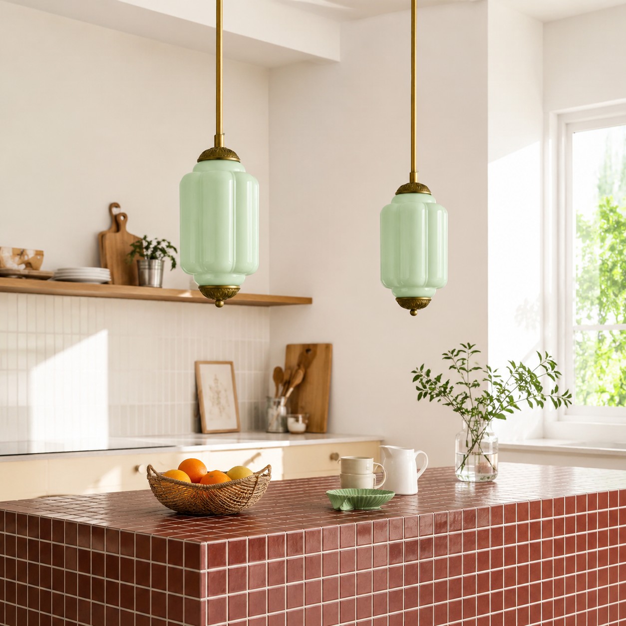 Green Eloise pendant lights in a bright kitchen