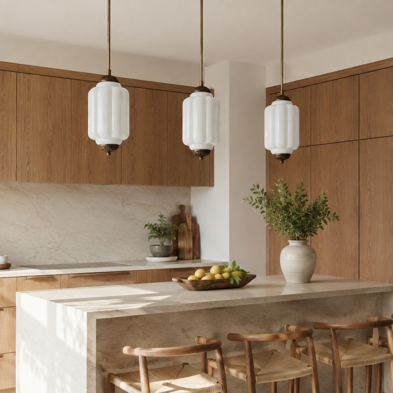 Eloise pendant lights above a kitchen island