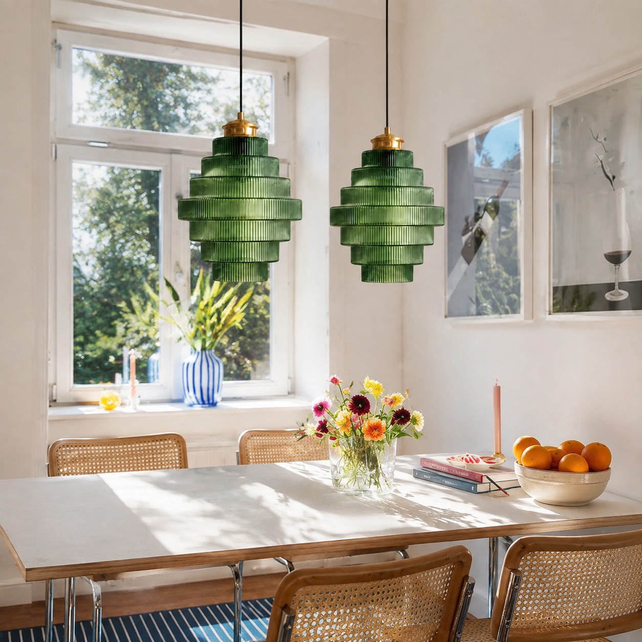 Two green Ribella striped glass pendant lamps in a dining space
