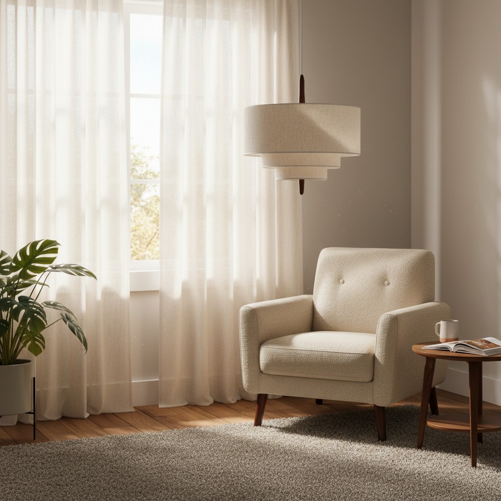 Softlume pendant lamp in a bedroom reading corner