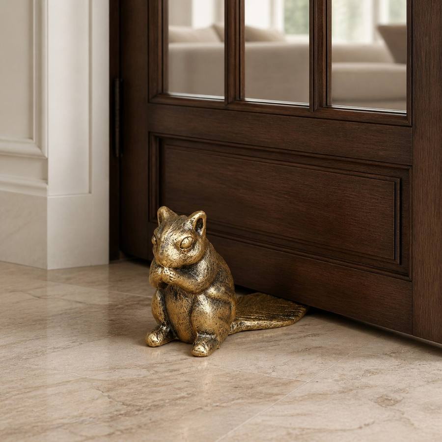 Bronze Guardian door stopper in a refined stone-floor interior