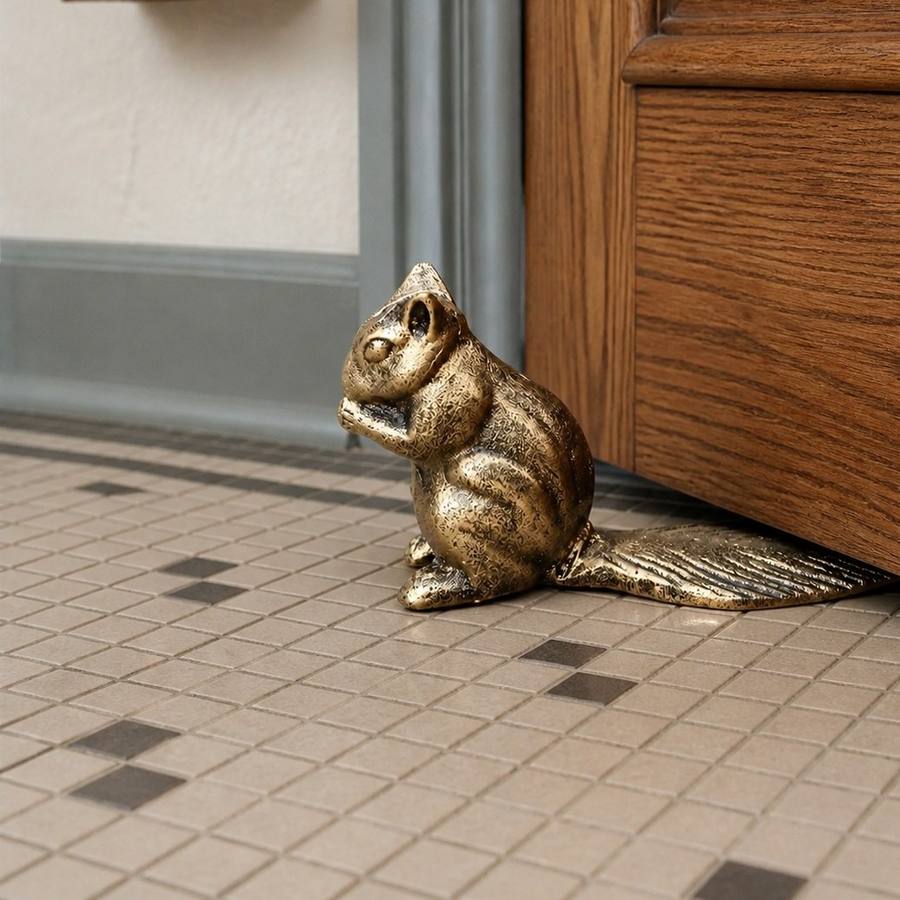 Bronze Guardian door stopper beside an interior wood door