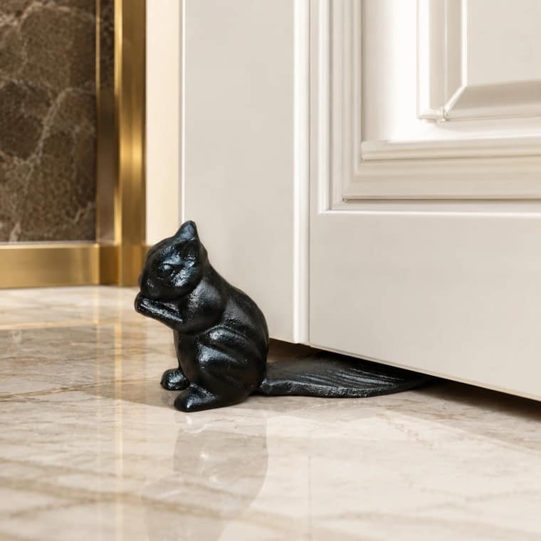 Iron black stopper beside a white door