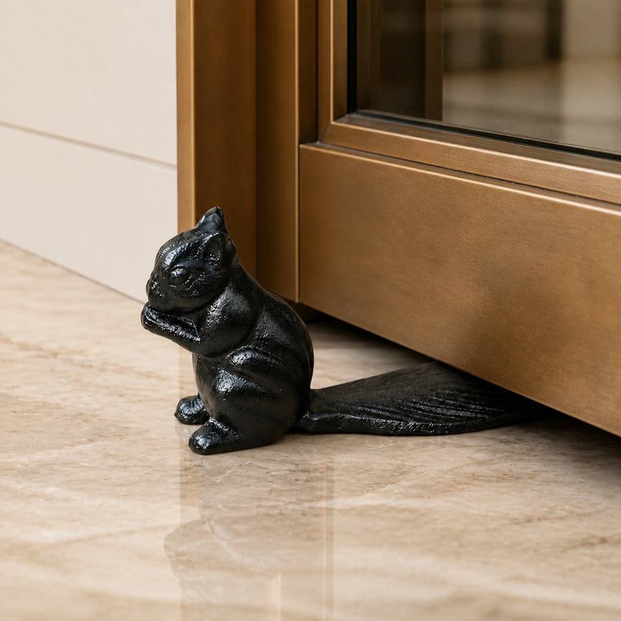 Iron Black Guardian door stopper beside a bronze-toned door