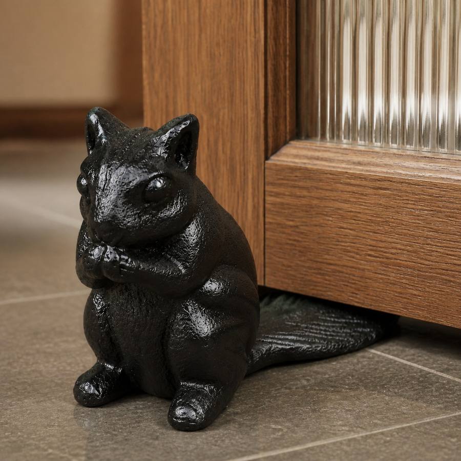 Iron Black Guardian door stopper beside a warm wood door