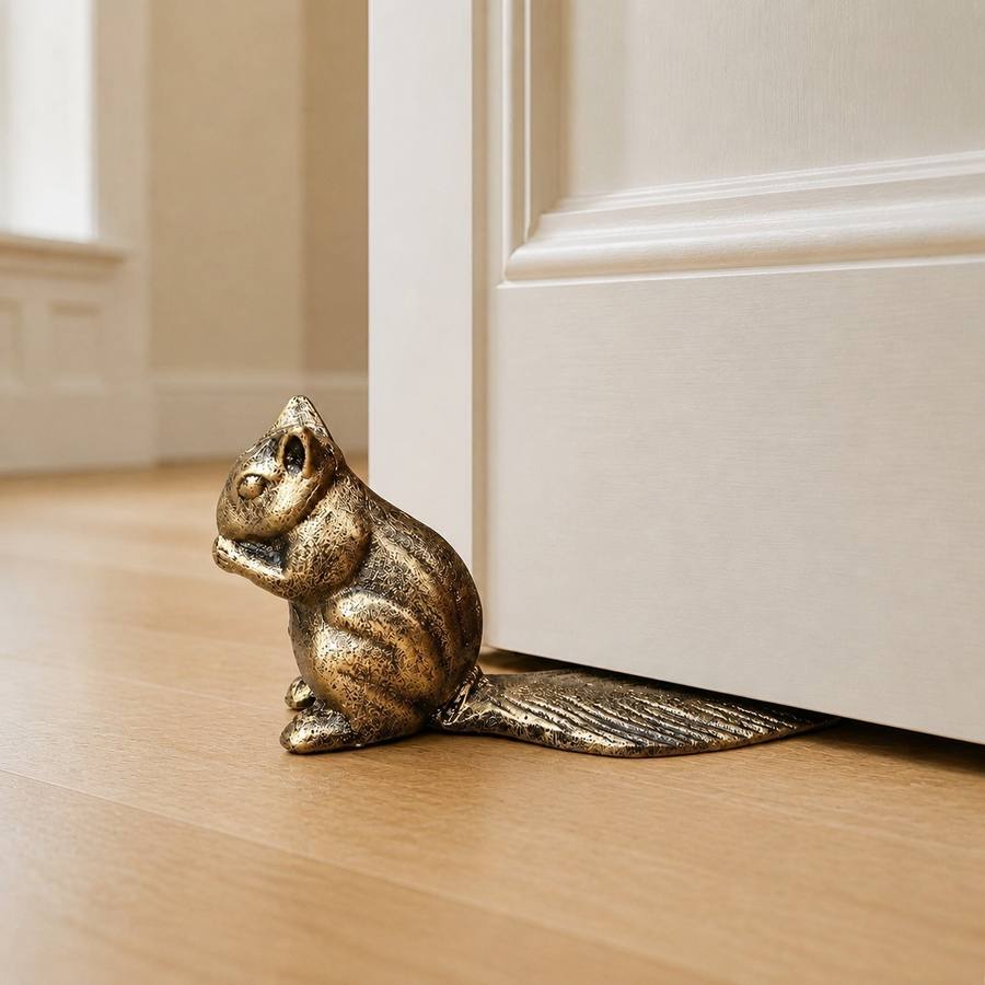 Bronze Guardian door stopper beside a white door on wood flooring