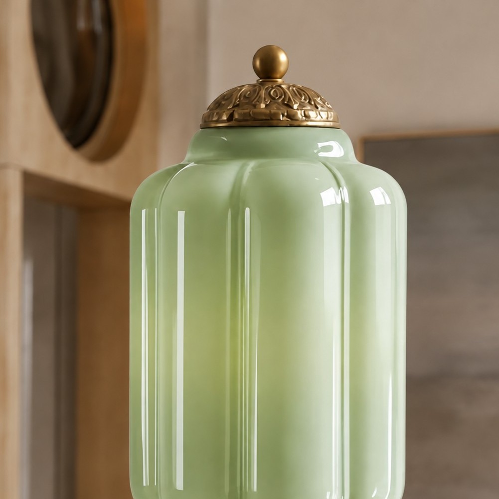 Close view of the textured green glass shade
