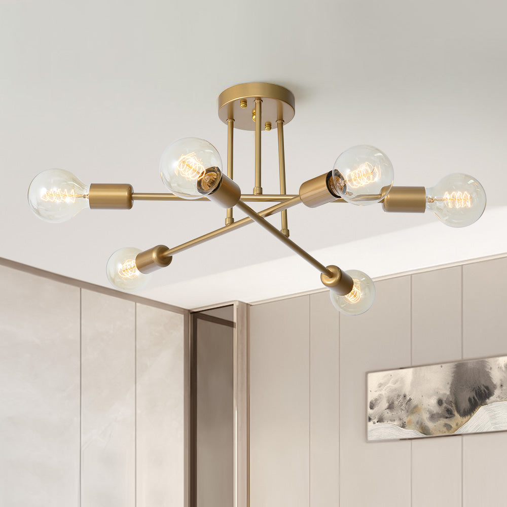 Mid-century Sputnik Semi Flush Mount Brass Chandelier