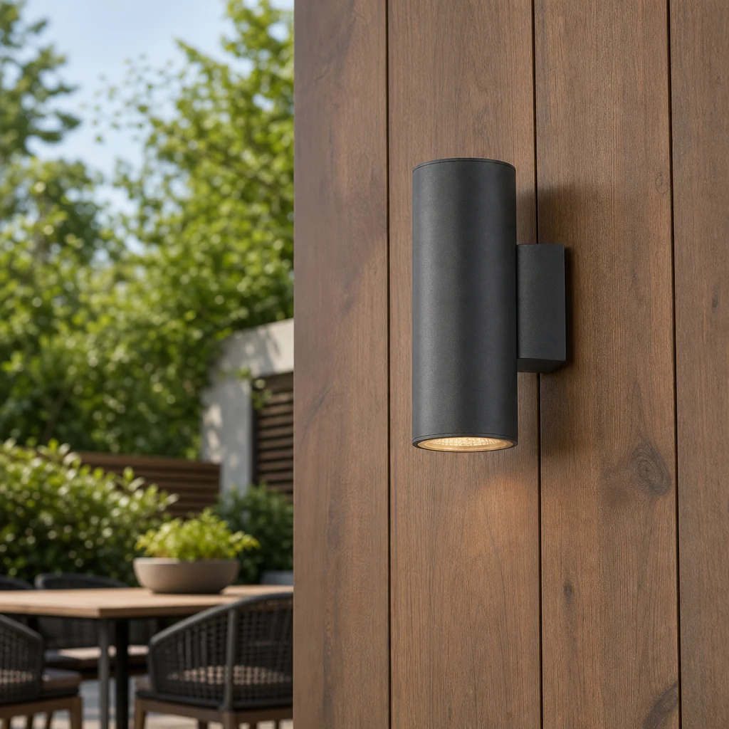 Aplique de pared de 2 cabezales en patio con revestimiento de madera
